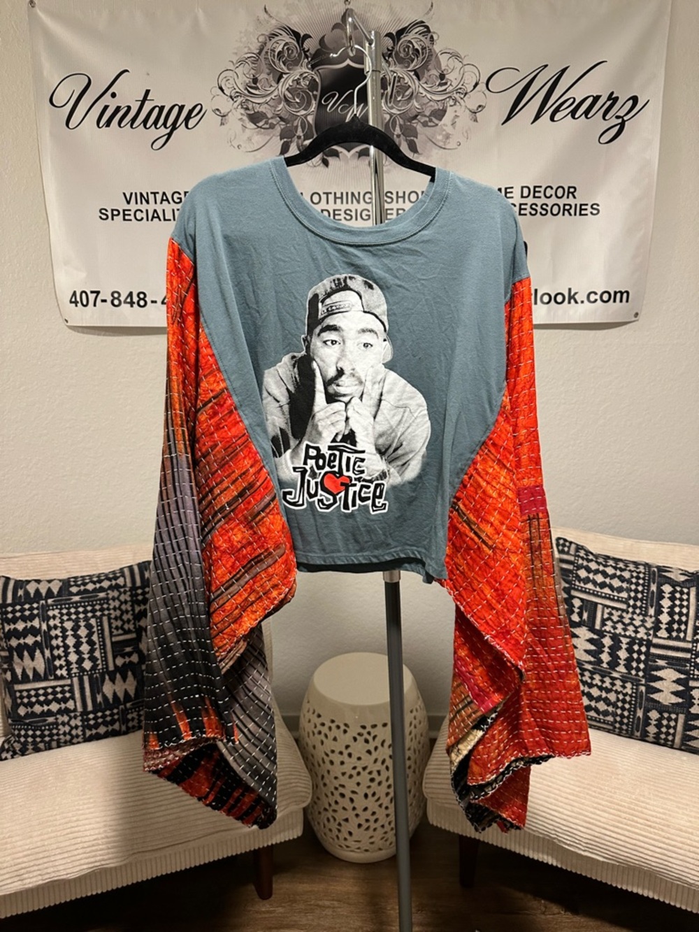 Over 50% OFF! Poetic Justice Crop Top w/Vibrant Red-Orange Kantha Sleeves OOAK